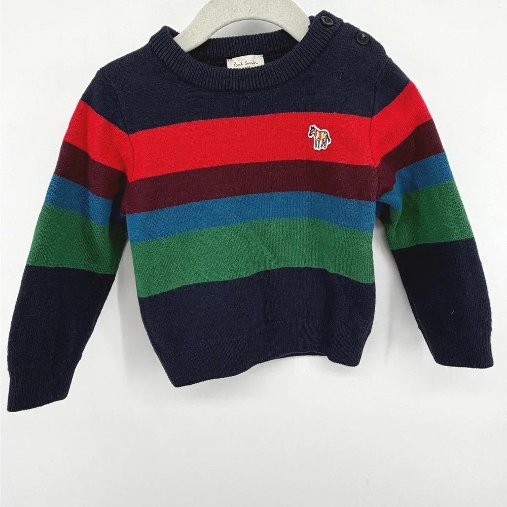 Paul Smith Junior Boys Rainbow Stripe Knit Sweater Embroidered Zebra Patch 2A 2T